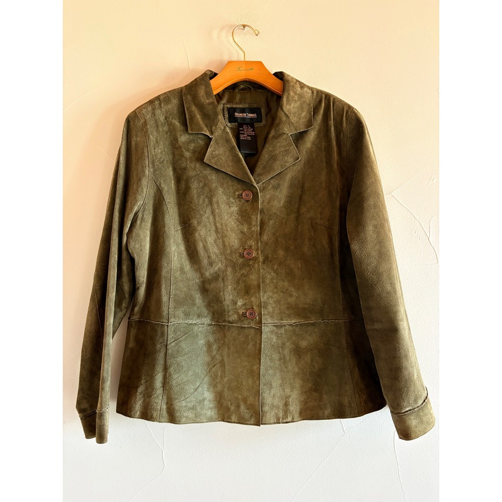 Brandon Thomas Womens Olive Green Suede Leather Jacket Blazer Button Front XL